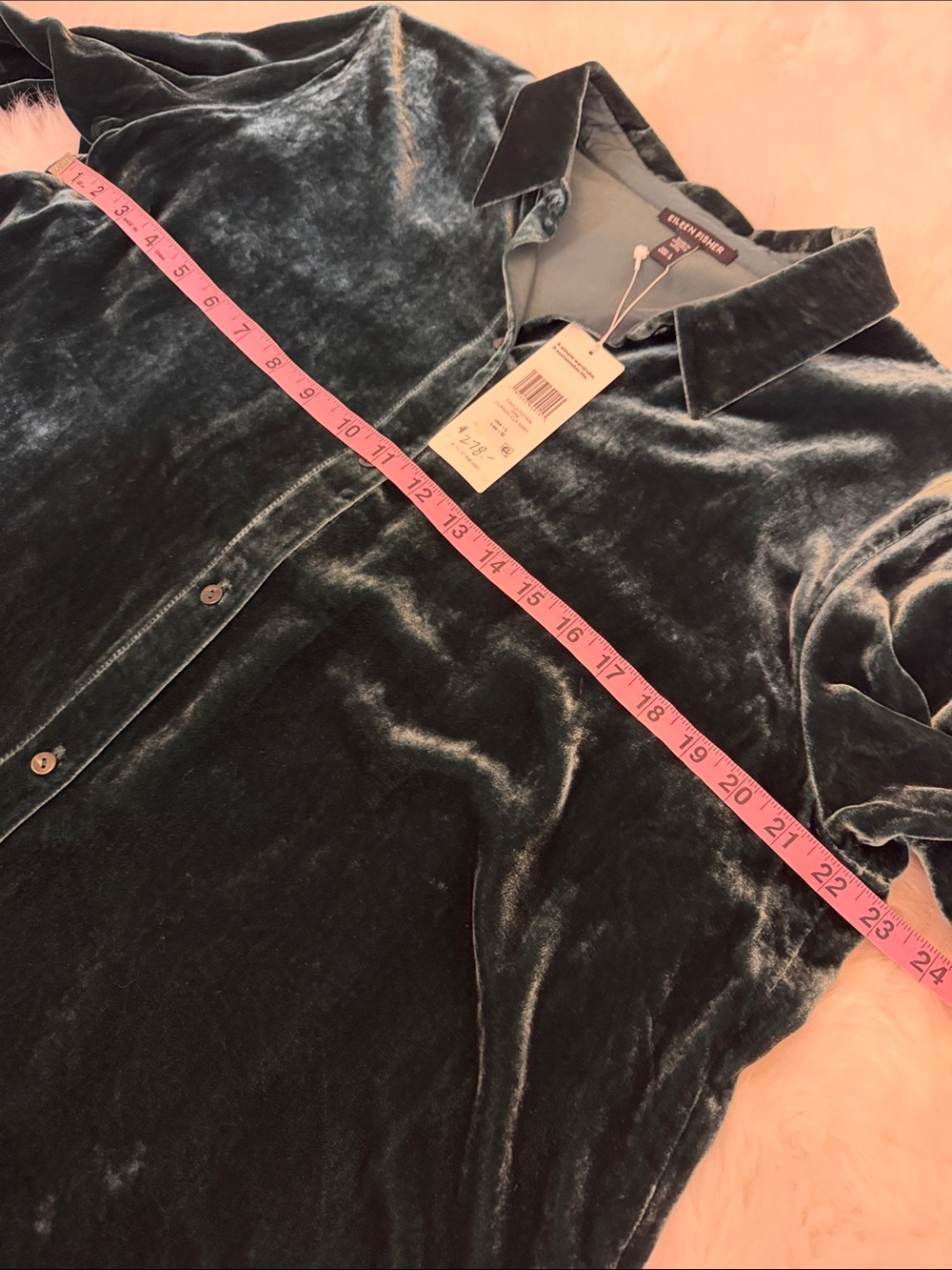 NWT Eileen Fisher Pine Green Velvet Silk Luxe Button Front Top - Picture 10 of 12
